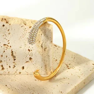 Minimalist Stainless Steel Open Cuff Bangle with Crystal Stone Accent