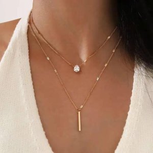 Layered Gold Pendant Necklace – Stainless Steel Double Chain with CZ Teardrop & Bar Pendant