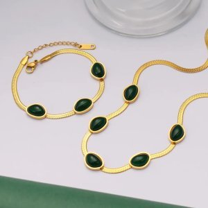 Gold-Tone Green Stone Necklace & Bracelet Set – Stainless Steel Chain Jewellery