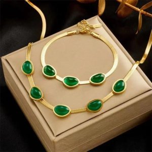 Gold-Tone Green Stone Necklace & Bracelet Set – Stainless Steel Chain Jewellery