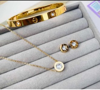 Luxury Cartier Stainless Steel Jewelry Set – Gold Love Bracelet, Necklace & Stud Earrings