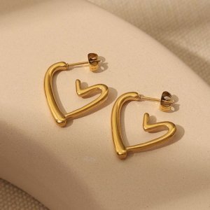 Minimalist Heart Shape Earrings in Stainless Steel – Gold Modern Open Heart
