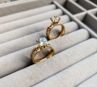 Elegant Gold Solitaire Ring with Channel-Set Crystal Stones