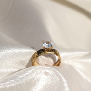 Designer Gold Stone Ring with Greek Key Engraved Band | Elegant Solitaire Statement Ring