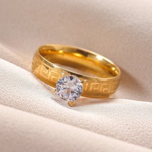Designer Gold Stone Ring with Greek Key Engraved Band | Elegant Solitaire Statement Ring