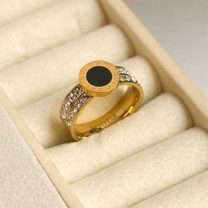 Bvlgari Gold Double-Band Crystal Ring with Black Onyx Center | Luxury Designer Statement Ring