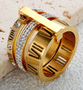 Gold-Plated Roman Numeral Triple-Layer CZ Ring | Stainless Steel Statement Band