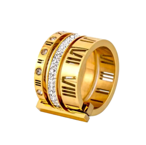 Gold-Plated Roman Numeral Triple-Layer CZ Ring | Stainless Steel Statement Band