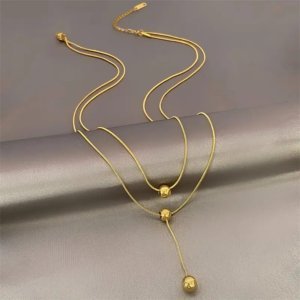 Gold Stainless Steel Lariat Necklace with Ball Locket – Adjustable Y-Drop Minimalist Jewelry