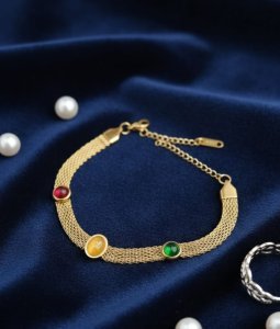 Gold Stainless Steel Mesh Bracelet with Multicolor Stone Accents – Adjustable Elegant Bracelet