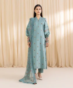Sapphire 3 Piece - Embroidered Cotton Satin Suit