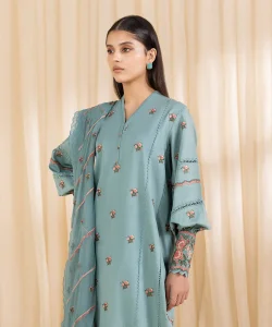 Sapphire 3 Piece Embroidered Cotton Satin Suit